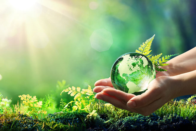 "Hands holding a green Earth surrounded by plants"
